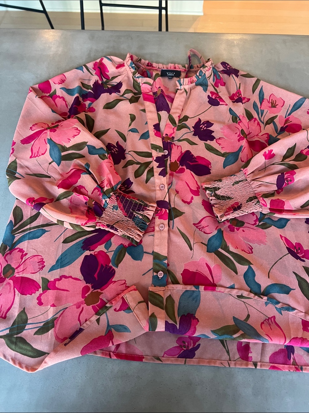 VICI Peach Top with Pink Floral and Olive Leaves
